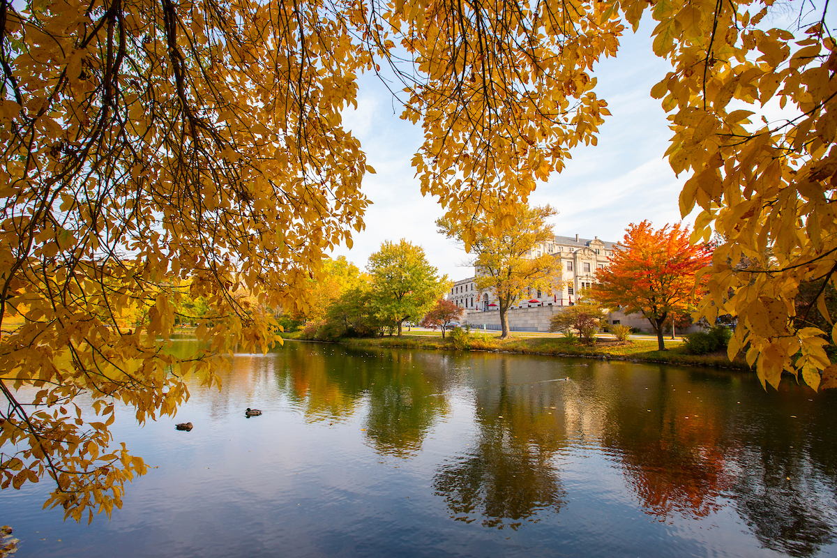 Fall colors surround Lake LaVerne, October 9, 2020.  (Christopher Gannon/Iowa State University)