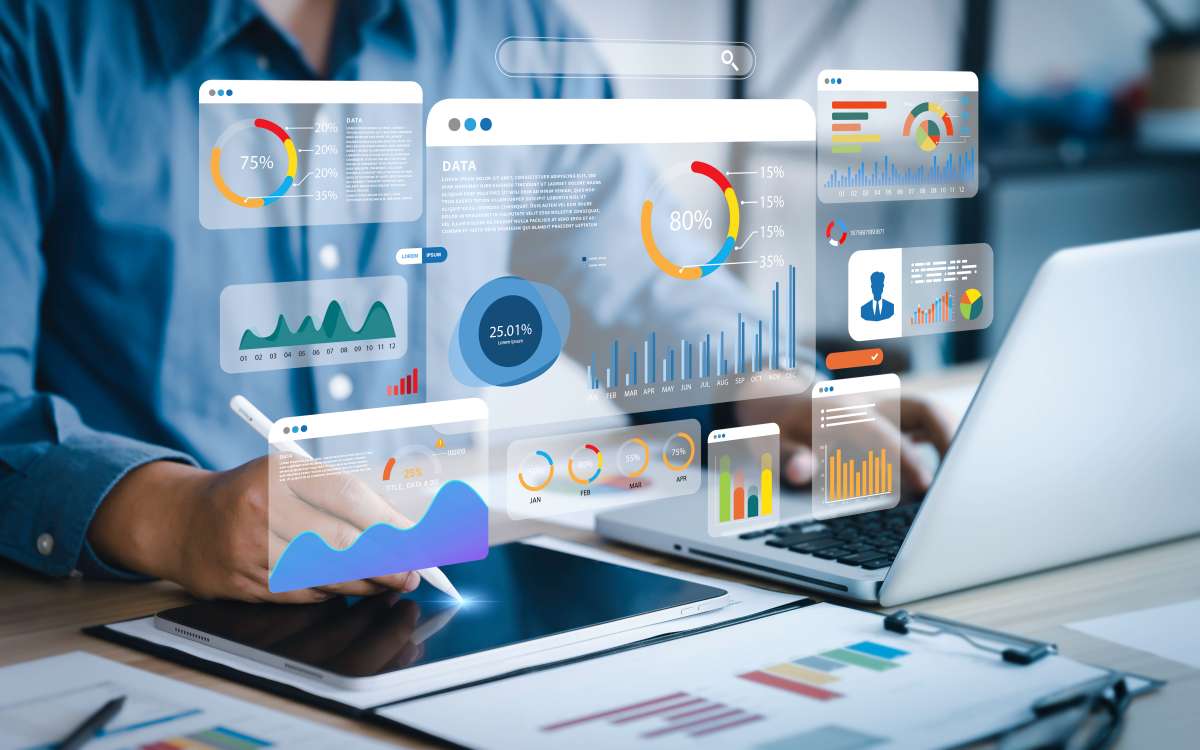 An analyst uses a computer and dashboard for data business analysis and Data Management System with KPI and metrics connected to the database for technology finance, operations, sales.